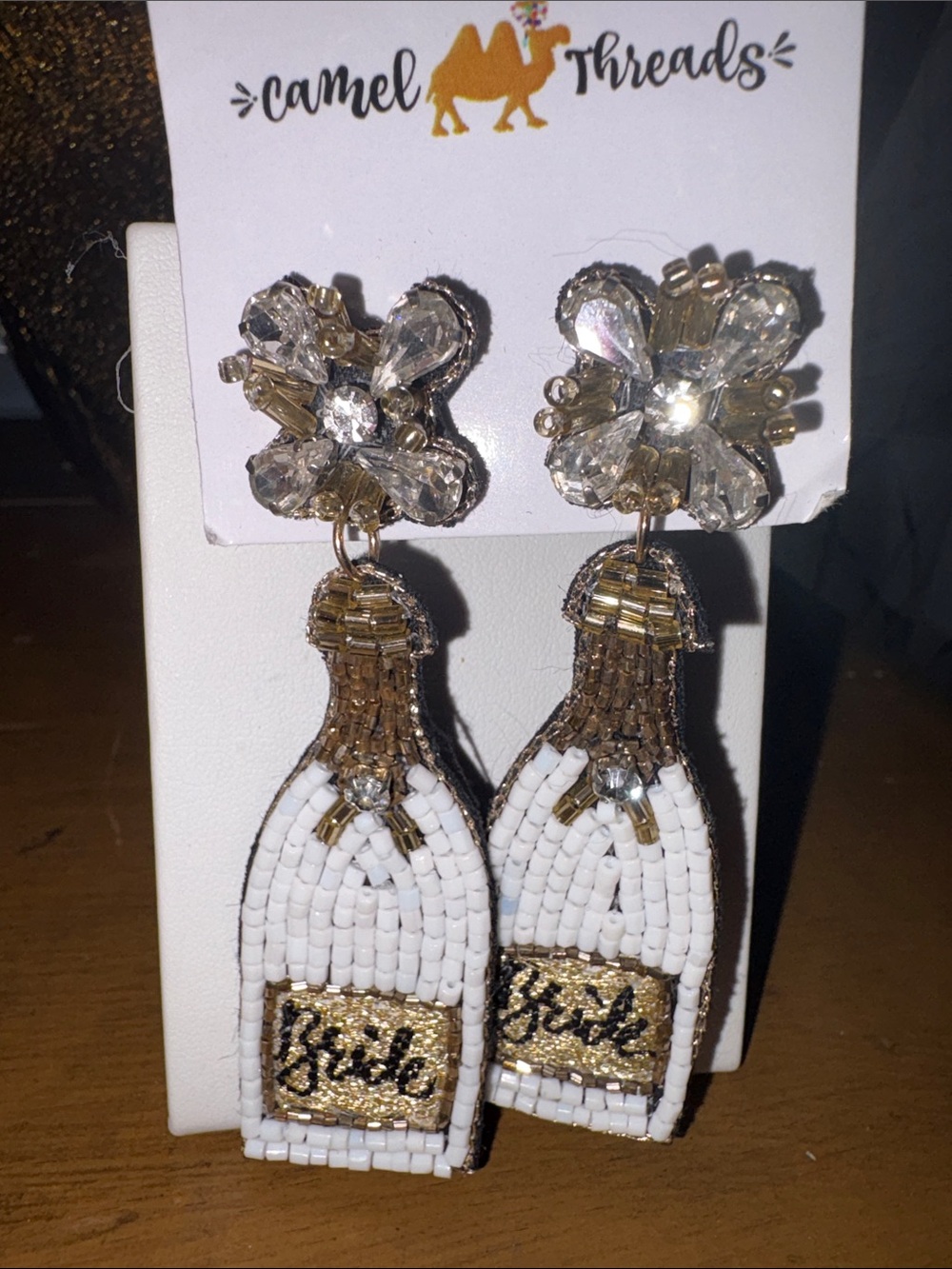 Beaded Champagne Bottle Drop Earrings with Crystal Flower Studs